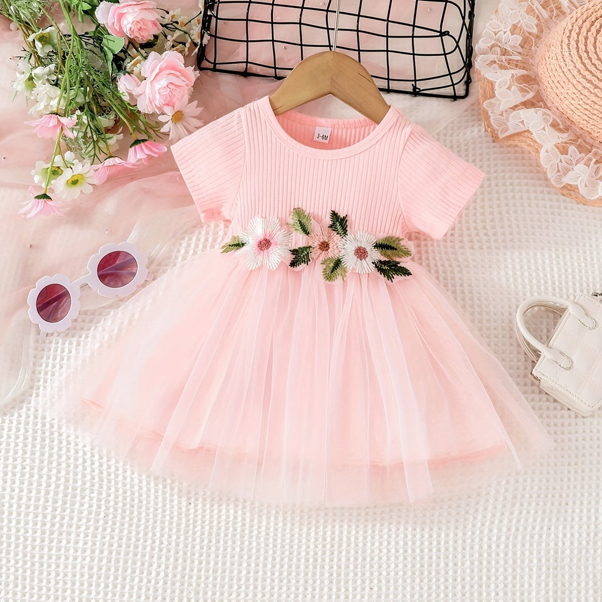 Floral Embroidery Short Sleeve Mesh Dress for Baby Girl