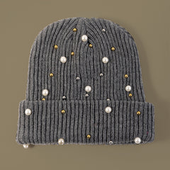 Faux Pearl Beanie Hat Classic Winter Warm Knitted Hat For Women