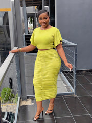 Solid Two Piece Set Flared Sleeve Crop T-shirt & Ruched Midi Skirts