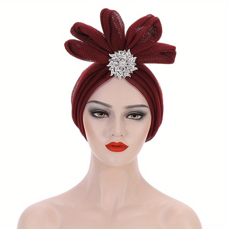 Mesh Flower Turban Cap Solid Pleated Head Wraps Elastic Bonnet