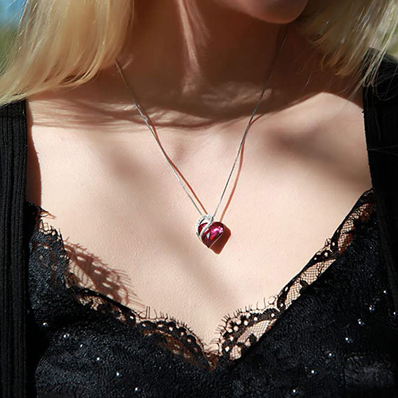 12 Months Birthstone Love Heart Pendant Necklace Jewelry Gift For Women
