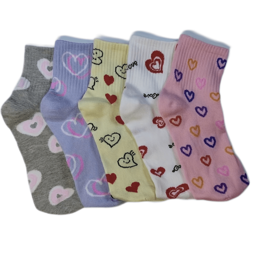 5 Pairs Heart Print Socks Soft & Comfy Short Socks Women's Stockings