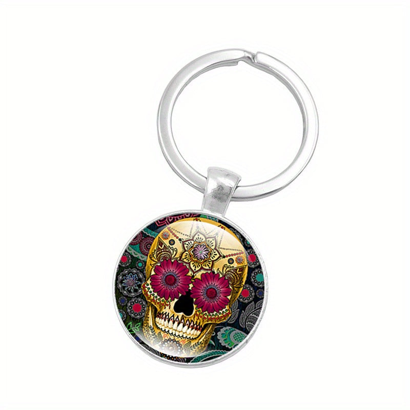 Mexican Sugar Skull Time Gem Keychain Pendant