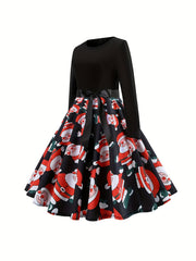  Colorblock Santa Claus Print Round Neck Dress