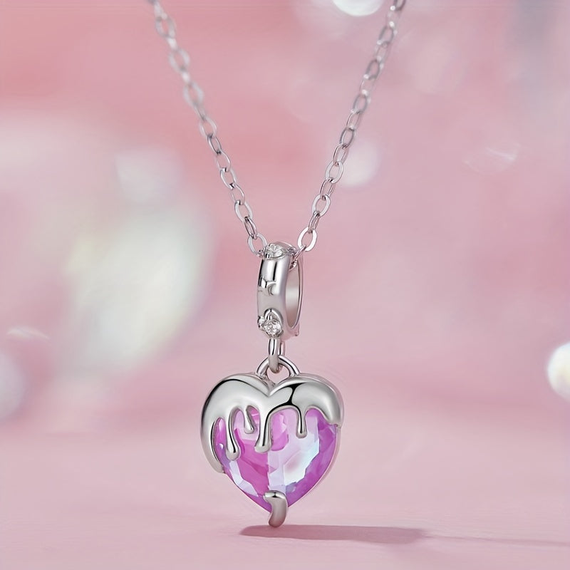 PANPOKI 925 Silver Pink Crystal Heart Pendant, DIY Fine Jewelry