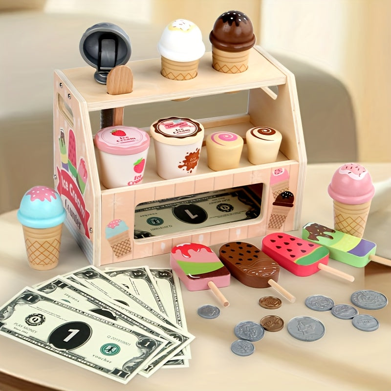 Wooden Ice Cream Counter Playset for Girls Kitchen Toys Gift for 3-6 Years Old