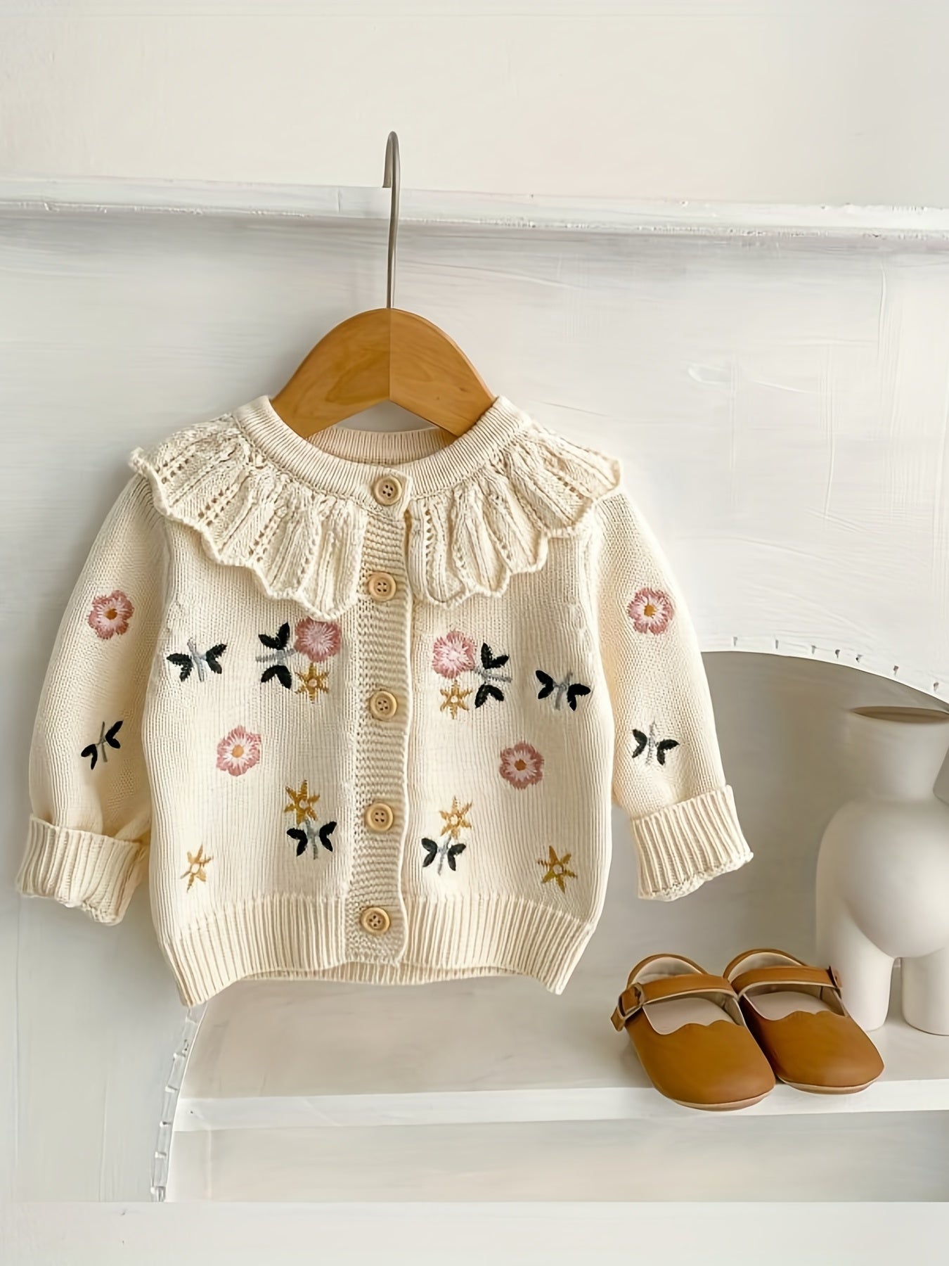 Baby Girls Flower Embroidery Ruffle Collar Knitted Cardigan Coat