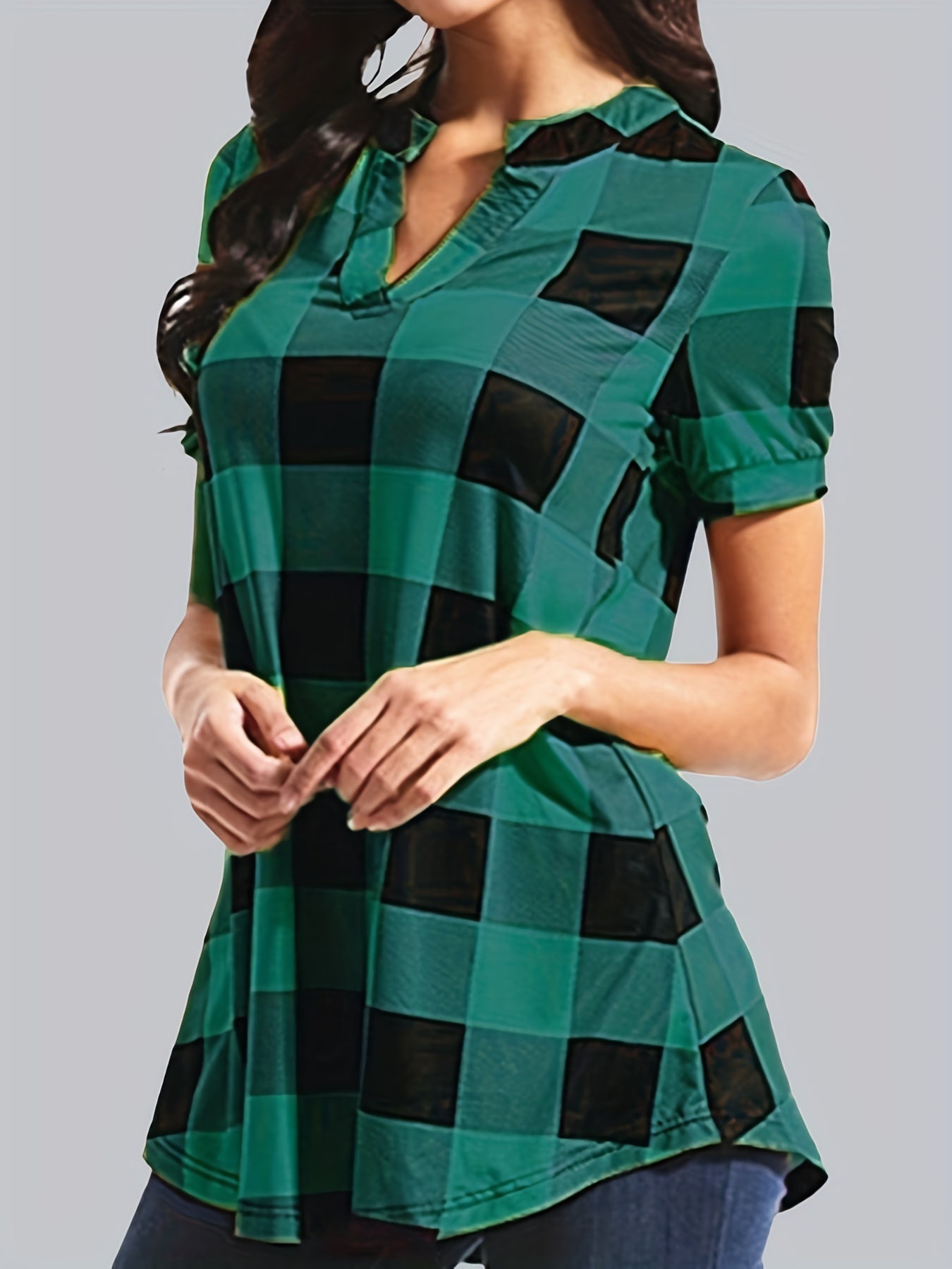  Gingham Print Short Sleeve Blouse Notched Neck Top