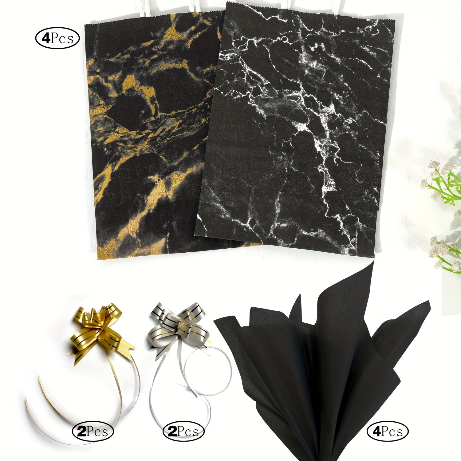 4pcs Marble Gift Bag Candy Bag with Wrapping Paper & Ribbon Bows