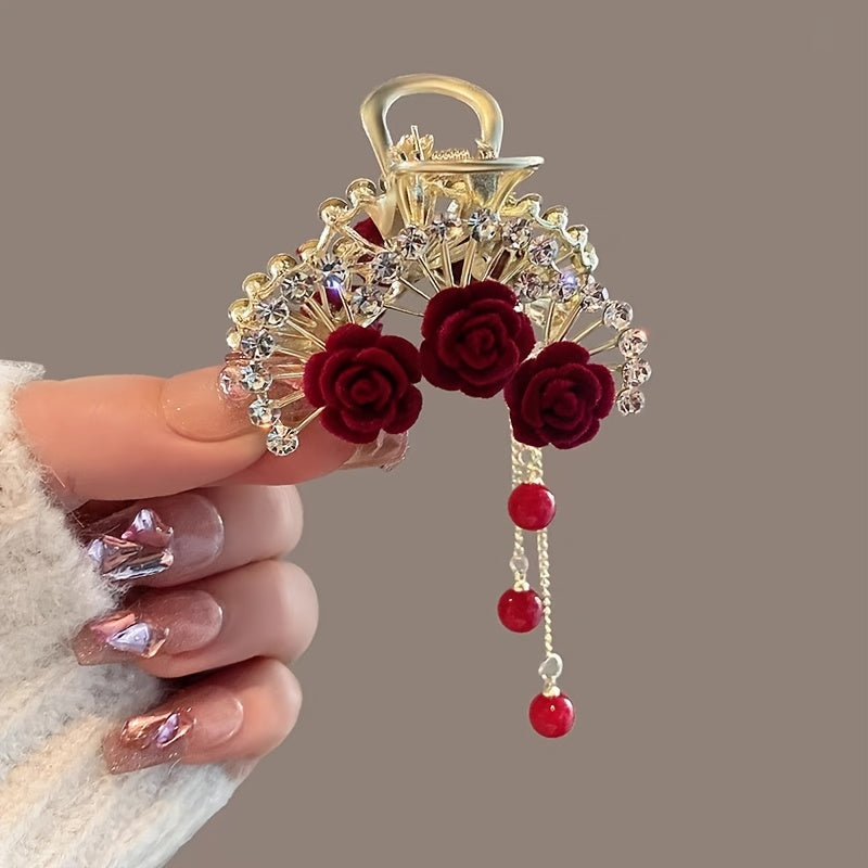 Flocked Rose Flower Hair Claw Clip Rhinestone Tassel Hair Clip