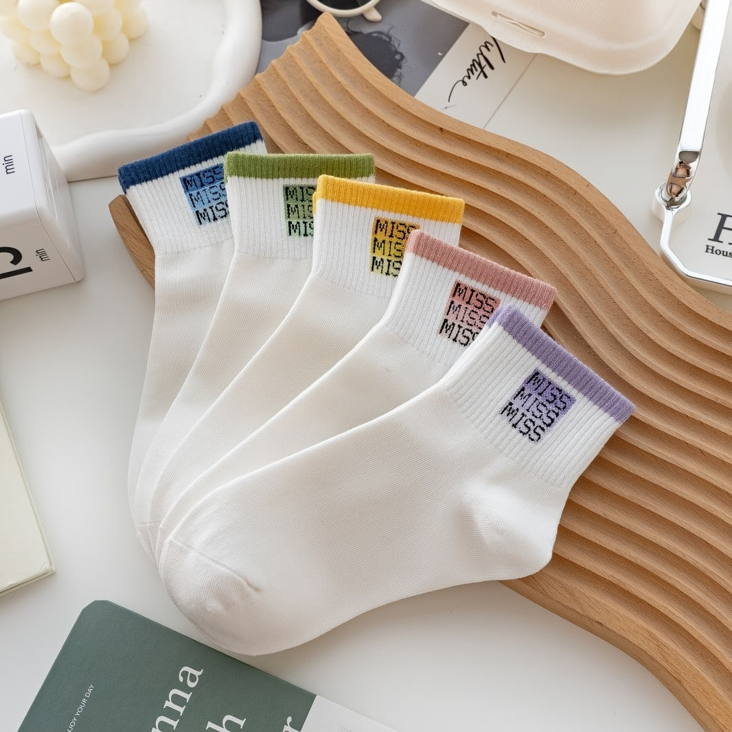 5 Pairs Letter Print Socks Women's Sports Short Socks