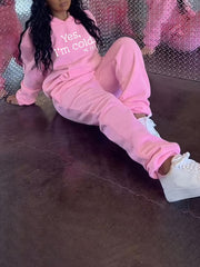  Women's Slogan Print Hooded Sweatshirt & Jogger Pants Set