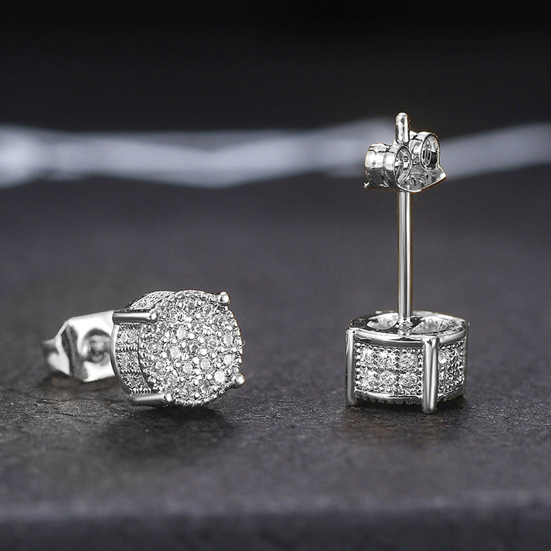 Round Stud Earrings Paved CZ Stone Silver Golden Ear Jewelry