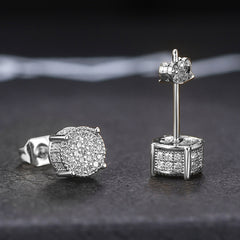 Round Stud Earrings Paved CZ Stone Silver Golden Ear Jewelry