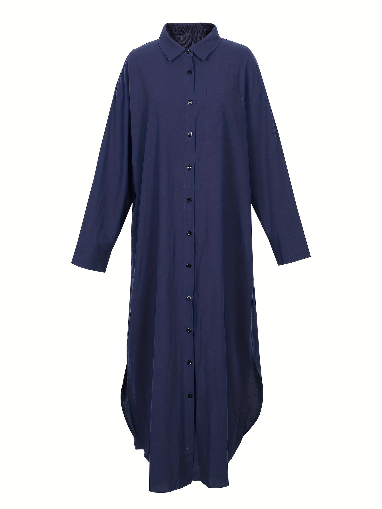  Solid Button Up Long Sleeve Maxi Shirt Dress