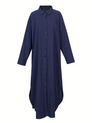  Solid Button Up Long Sleeve Maxi Shirt Dress