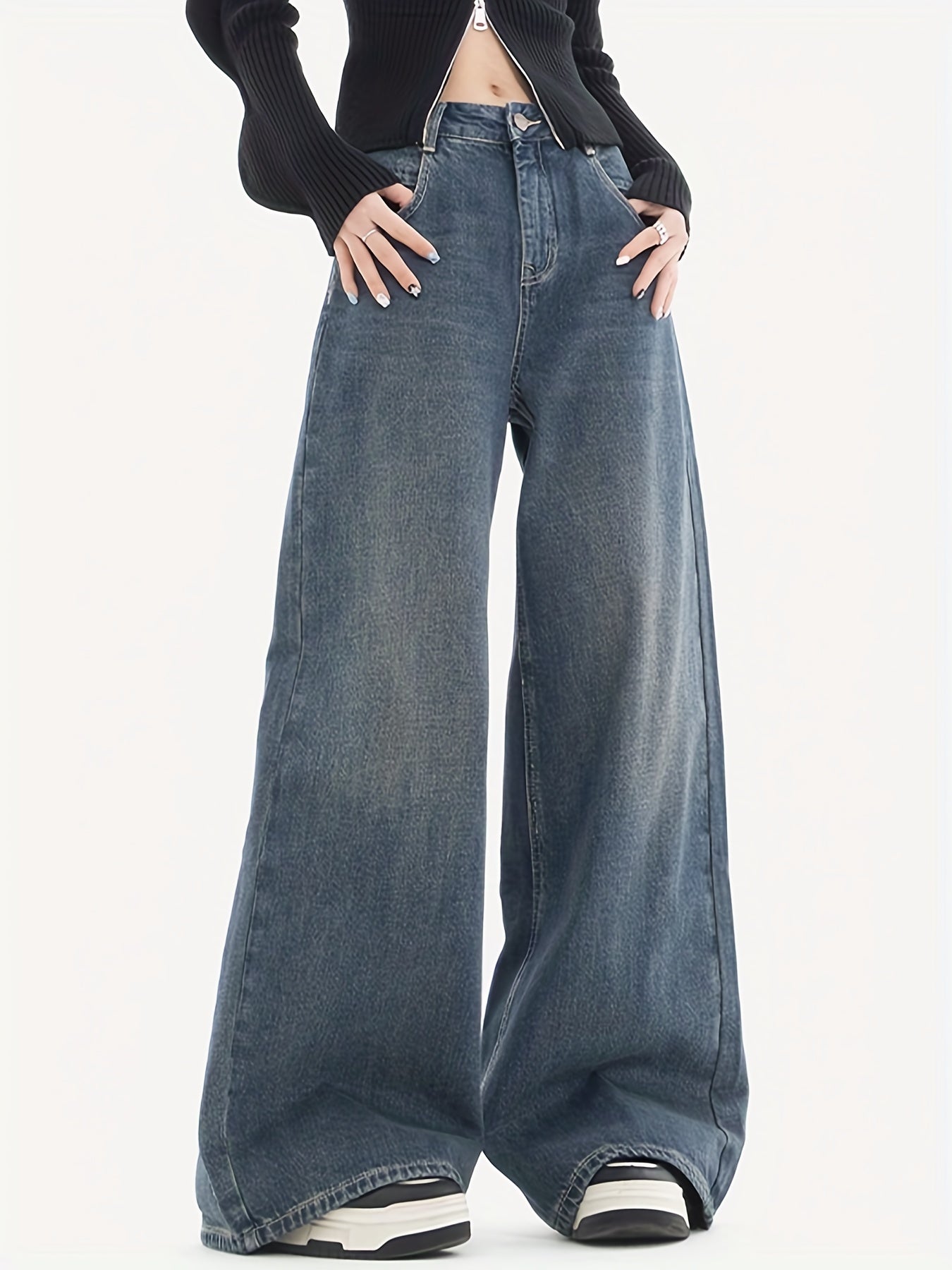 Wide Leg Baggy Jeans Solid Loose Fit Street Grunge Style Denim Pants