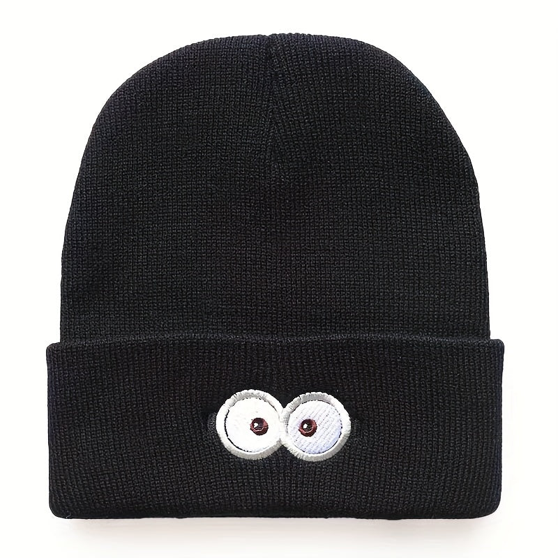 Anime Eyes Glasses Embroidery Wool Beanie Hat, Windproof Knit Cap