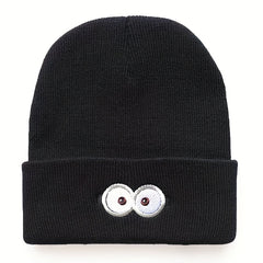 Anime Eyes Glasses Embroidery Wool Beanie Hat, Windproof Knit Cap