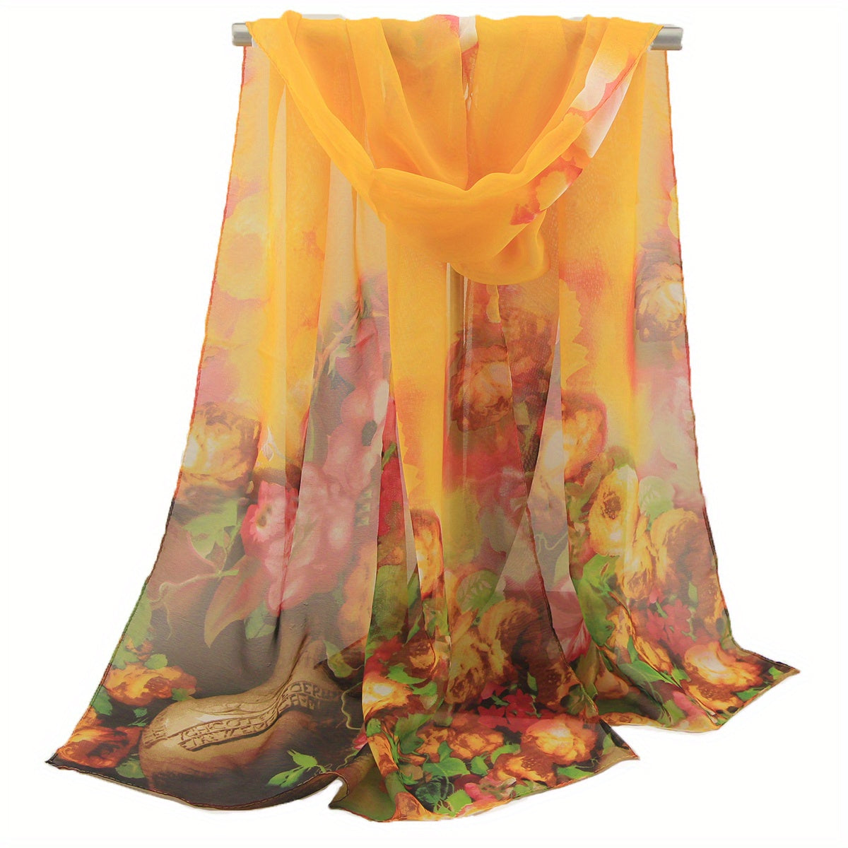 Flower Print Chiffon Scarf Gradient Shawl Thin Boho Hijab Sunscreen Head Wrap
