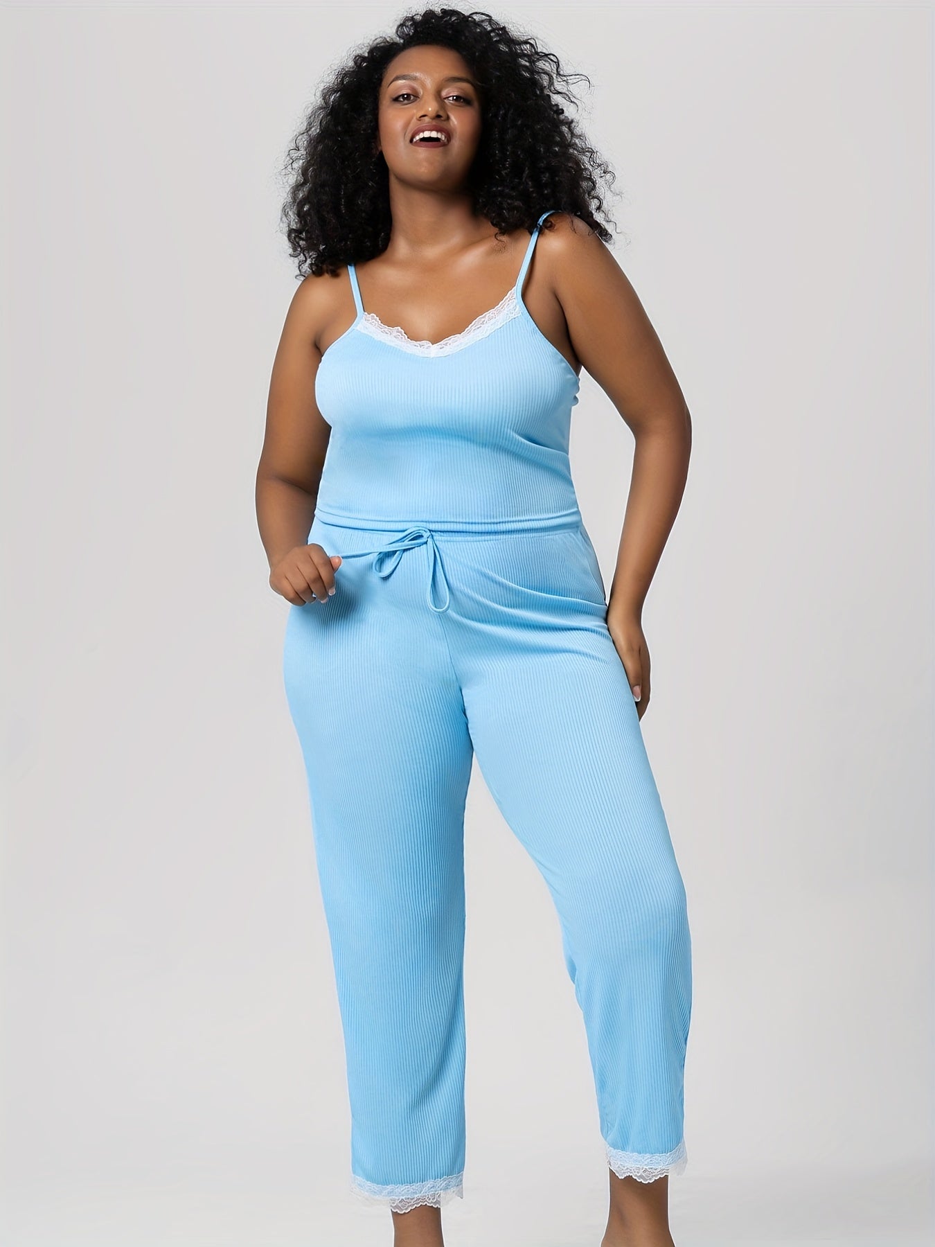  Sexy Pajamas Set Ribbed Cami Top & Knot Pants Two Piece Set