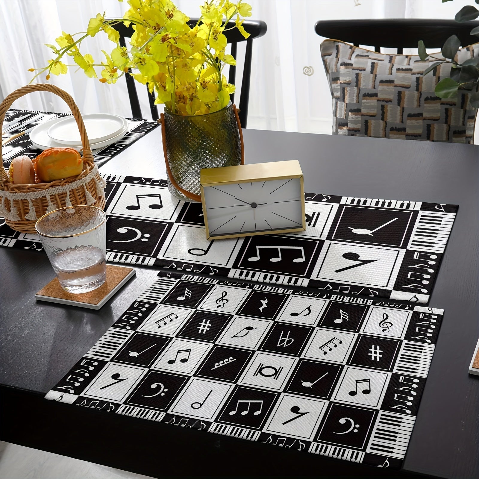 Music Note & Stitching Pattern Linen Table Runner 13x72 Inch