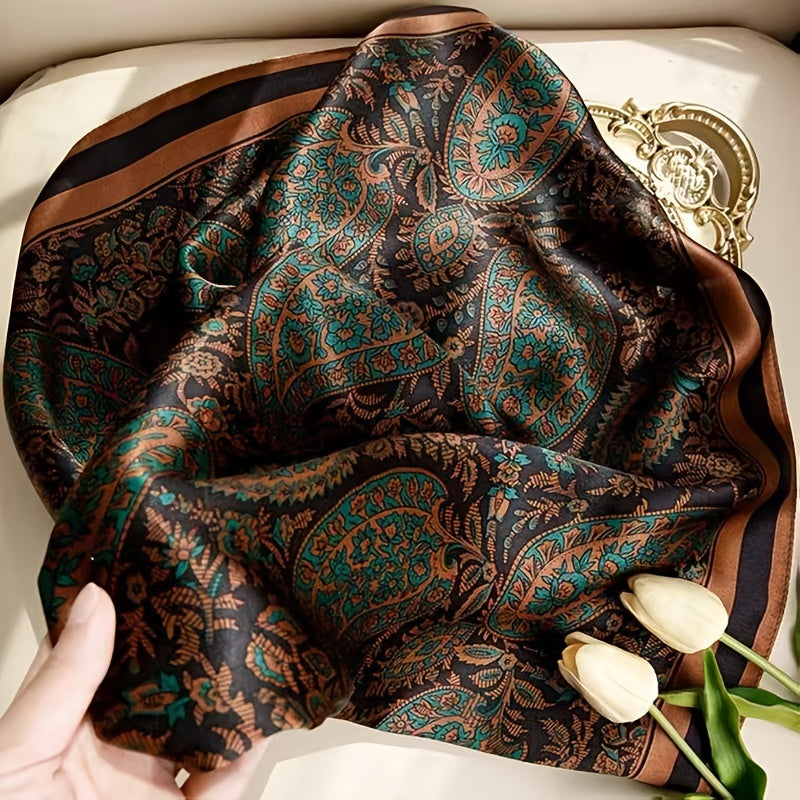 Brown Paisley Print Square Scarf Vintage Shawl Windproof Turban Hijab