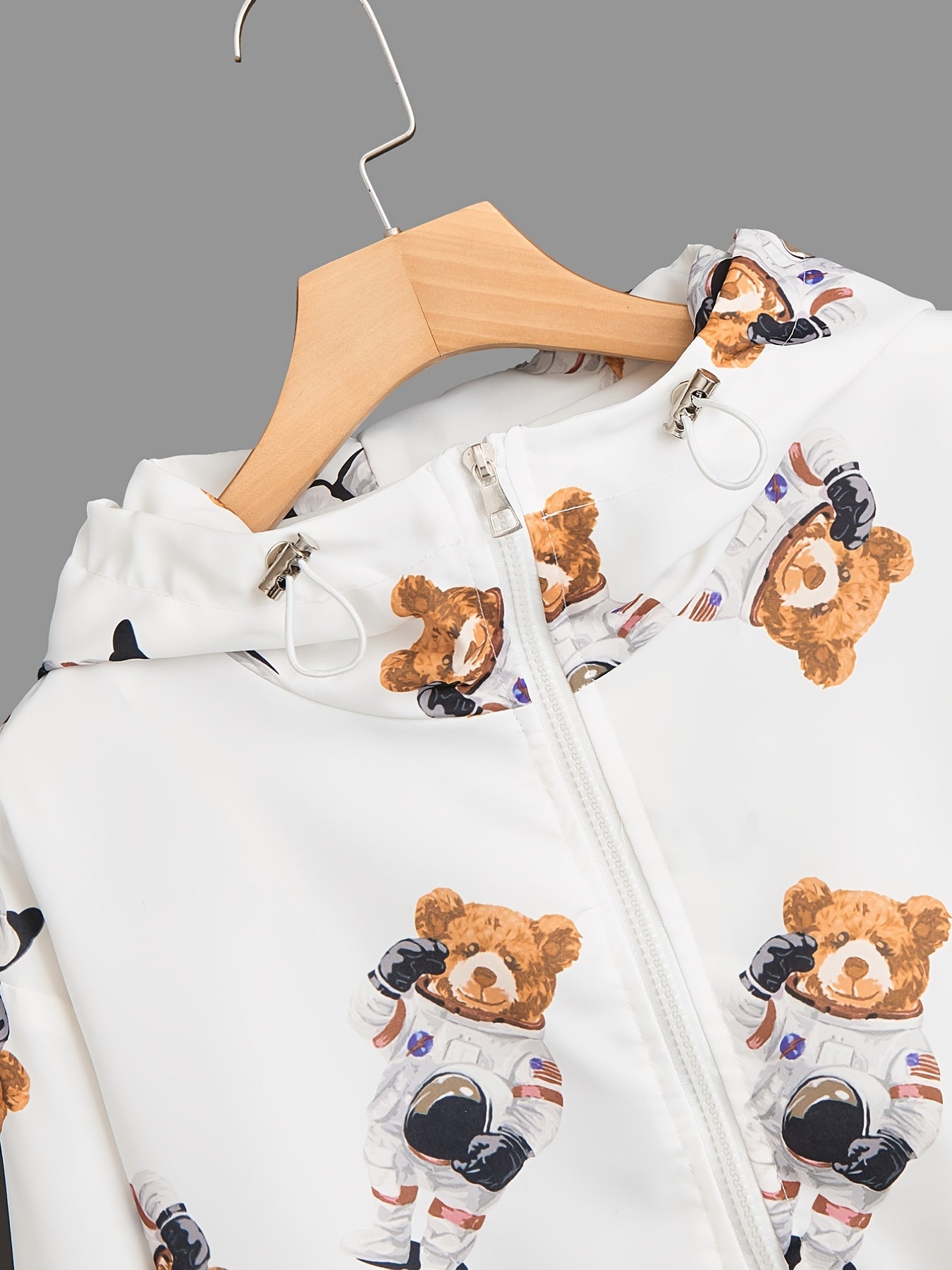 Bear Print Hooded Jacket Long Sleeve Outerwear For Spring & Fall