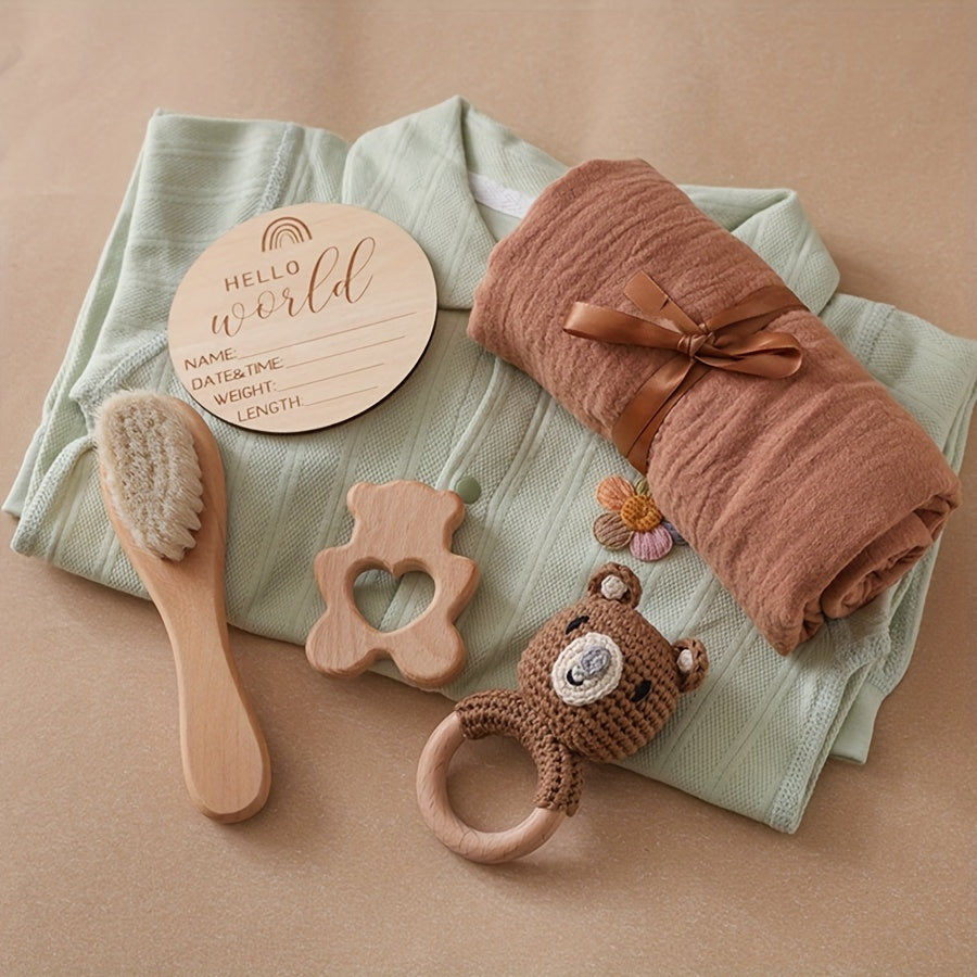 Baby Bath Set Bamboo Towel Rattle Brush Props