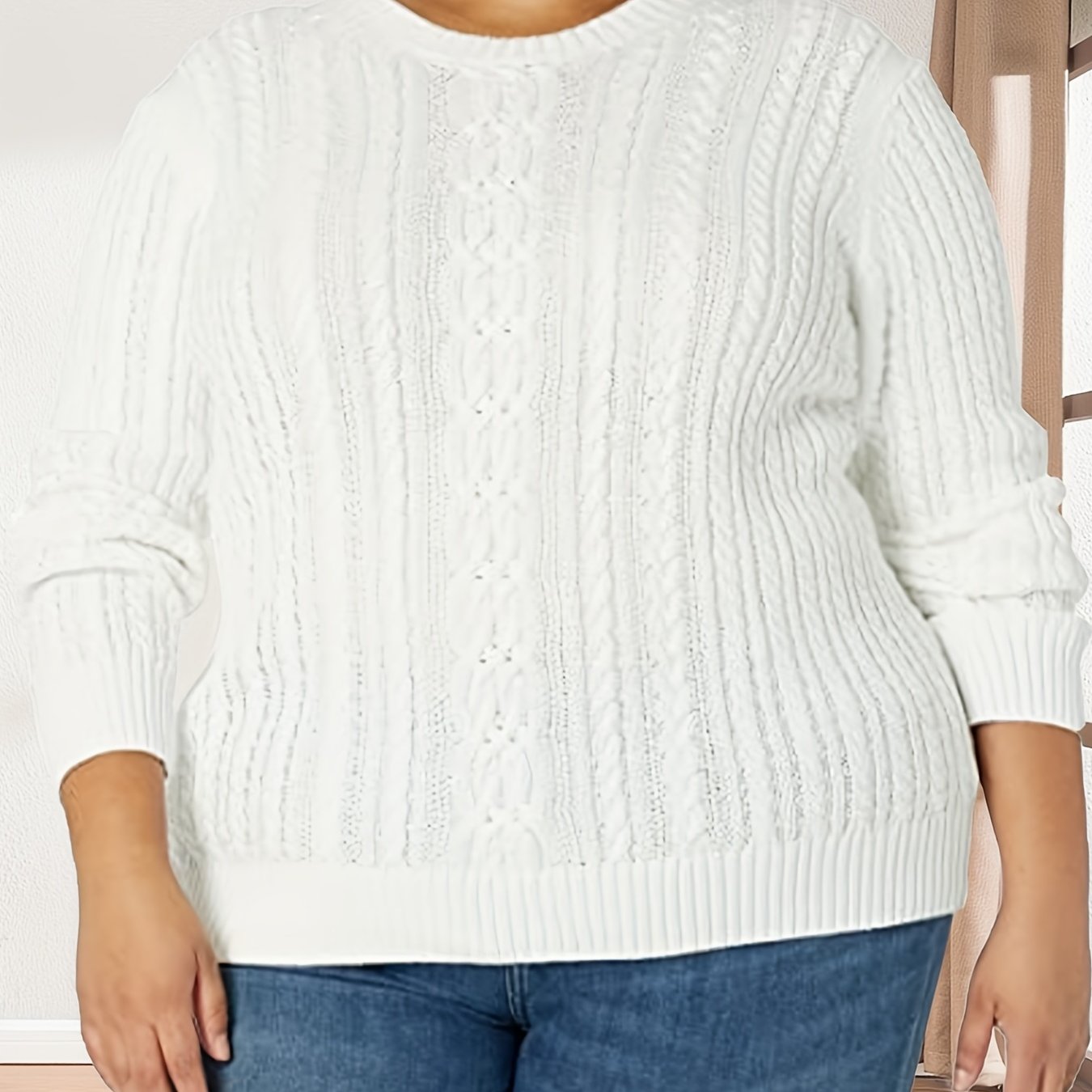  Solid Cable Knit Long Sleeve Sweater Crew Neck Pullover Jumper
