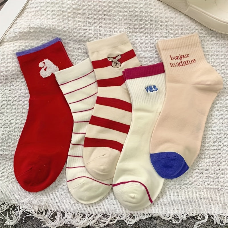 5 Pairs Letter & Striped Socks Women's Stockings