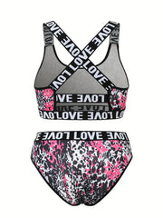 Leopard Bra & Panties Set Criss Cross Back Sports Bra & Letter Print Panties