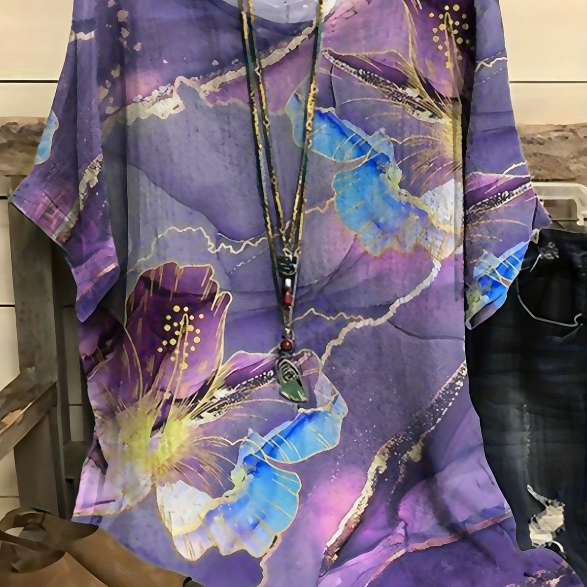  Boho Blouse Women's Plus Marble & Floral Print Drop Shoulder Short Sle
