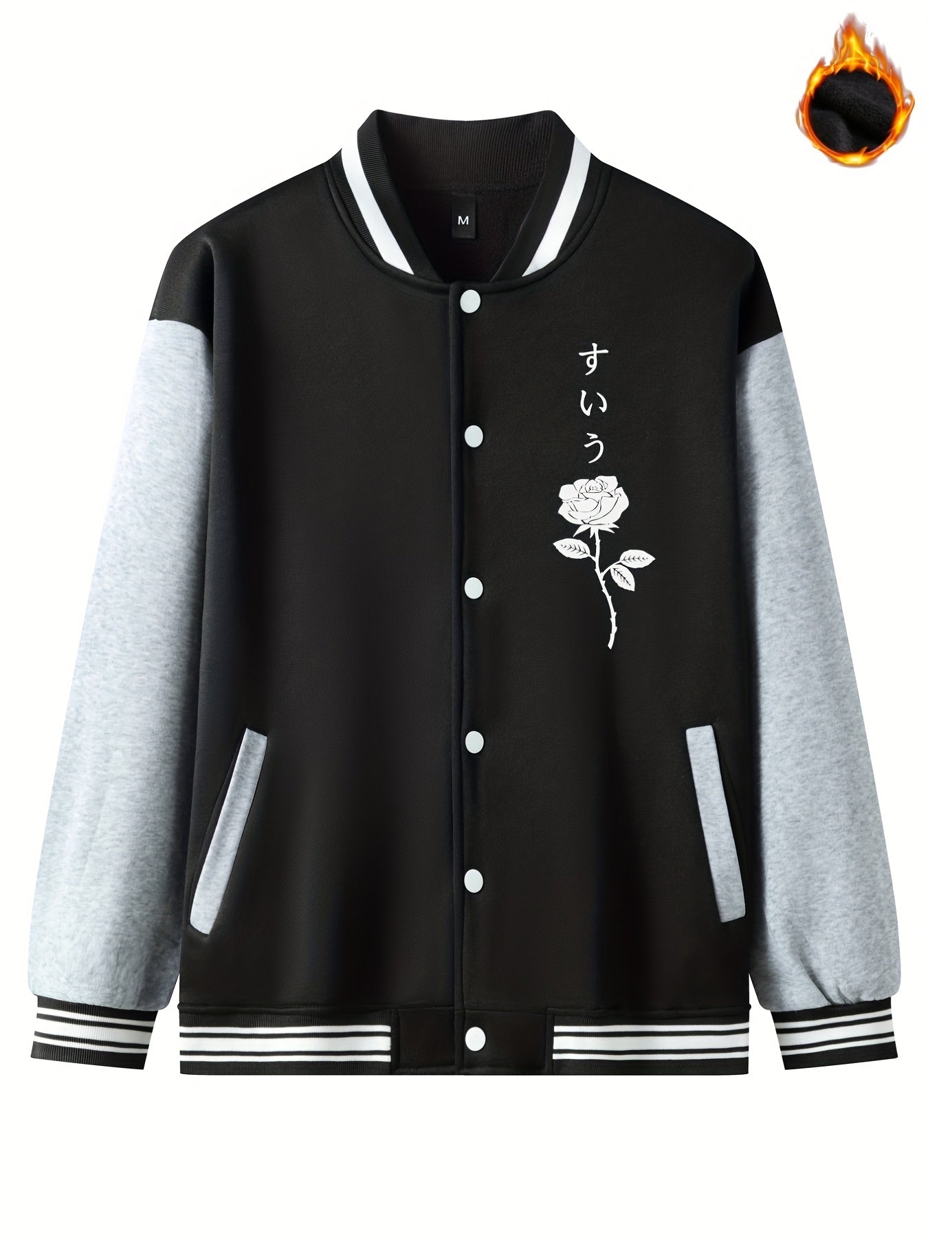 Rose Pattern Embroidery Varsity Jacket Men's Casual Block Button Up Jacket