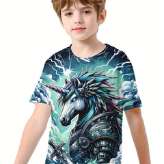Unicorn Warrior 3D Print Boy's Tee Short Sleeve Comfy T shirt Kids Summer Clothi