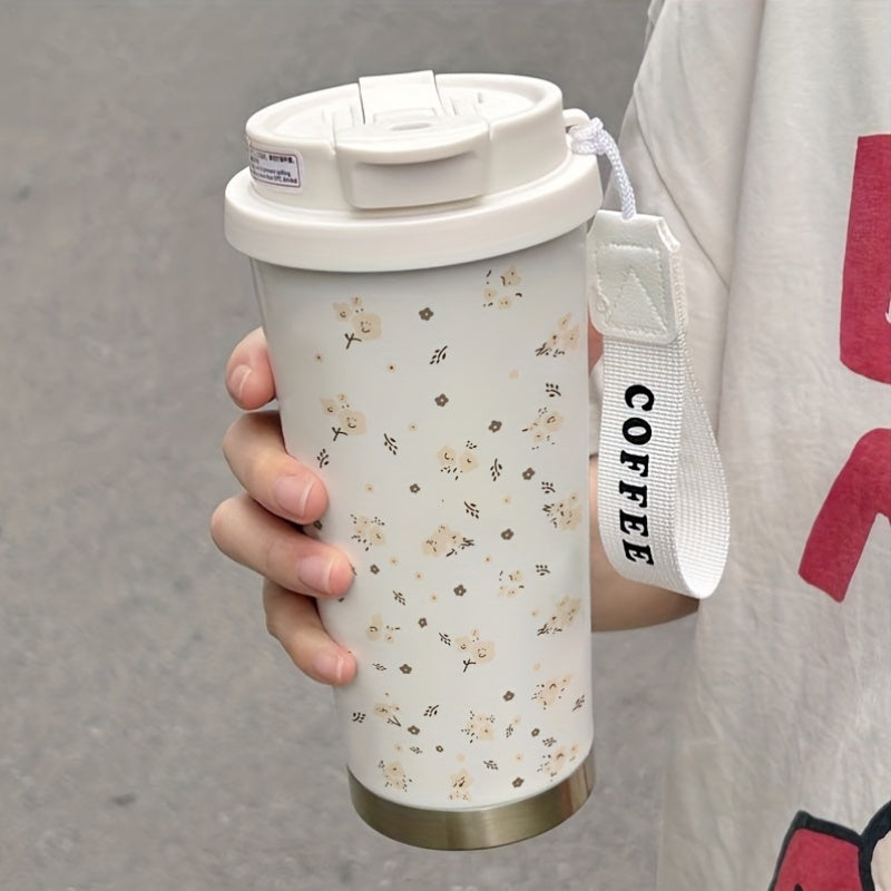 530ml Insulated Steel Coffee Cup Floral Rope Handle Hot & Cold Drinks