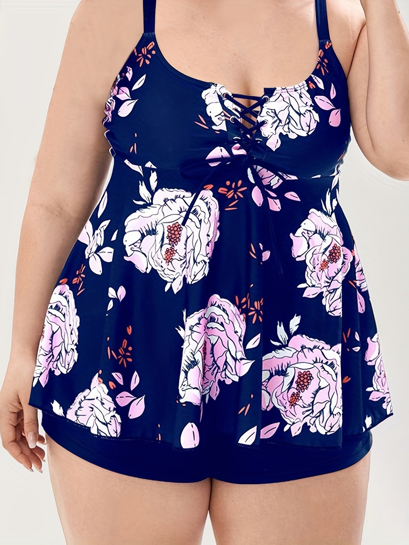  Boho Tankini Set Floral Print Lace Up Scoop Neck