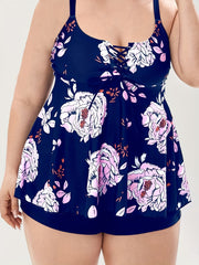  Boho Tankini Set Floral Print Lace Up Scoop Neck