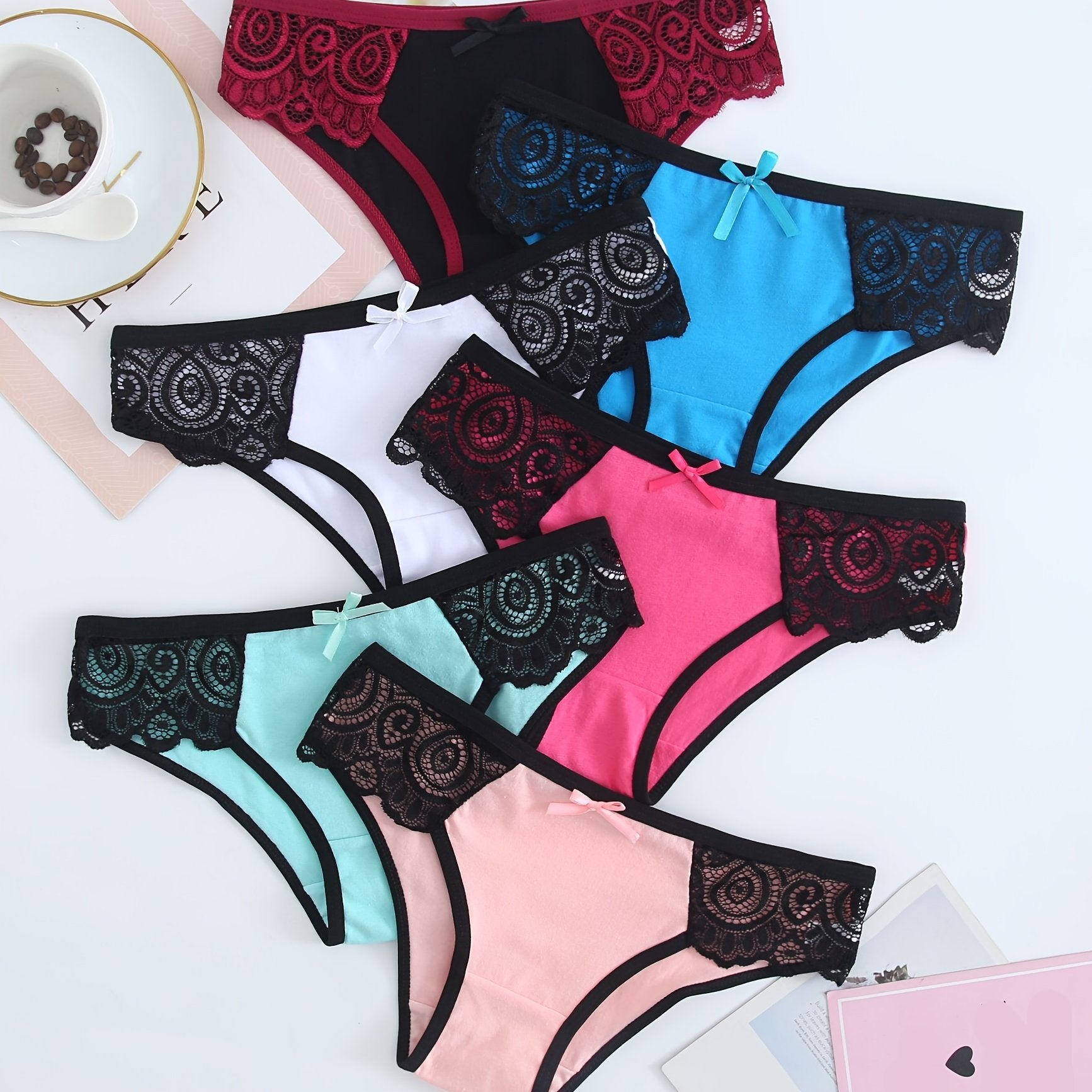 6 Pack Colorful Cotton Panties with Lace Trim Bikini Briefs