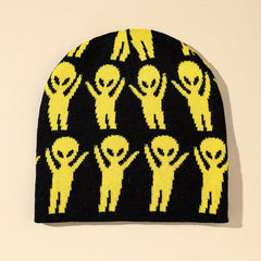 Yellow Alien Jacquard Beanie Casual Y2K Unisex Skull Hat
