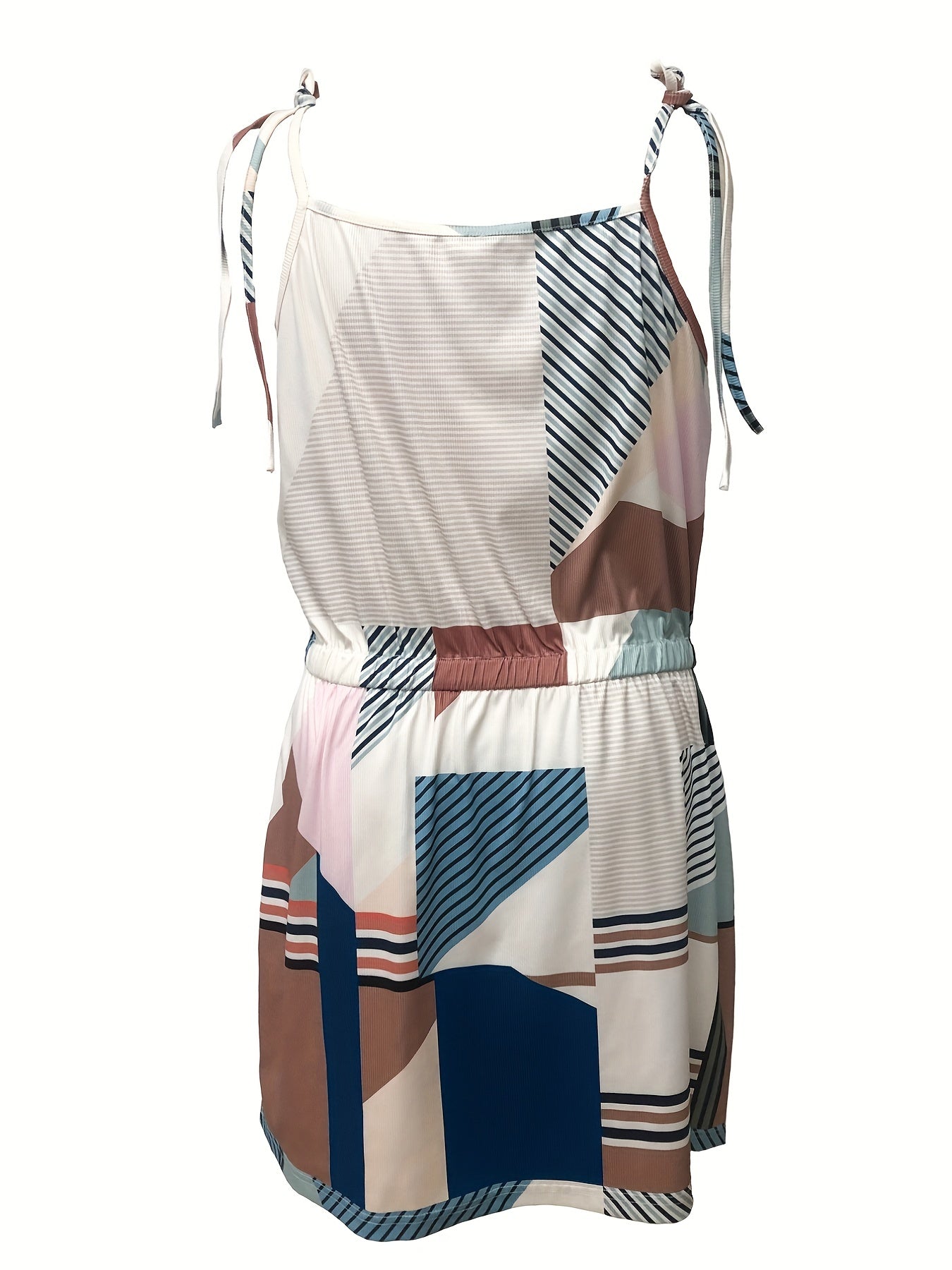  Colorblock Stripe Print V Neck Drawstring Mini Dress