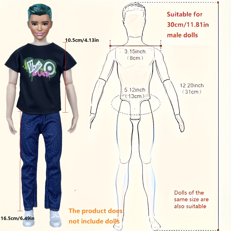 10pcs Male Doll Clothes for 11.82in Doll, 5 Tops and 5 Pants, Christmas Gift