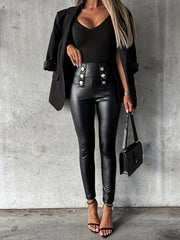  PU Leather Button High Rise Leggings