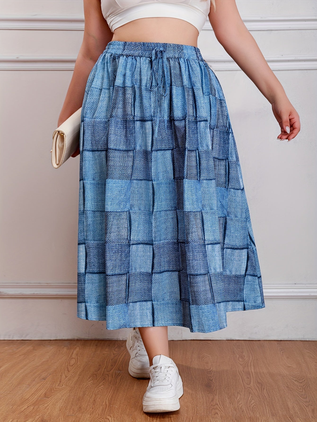  Colorblock Denim Print Maxi Skirt