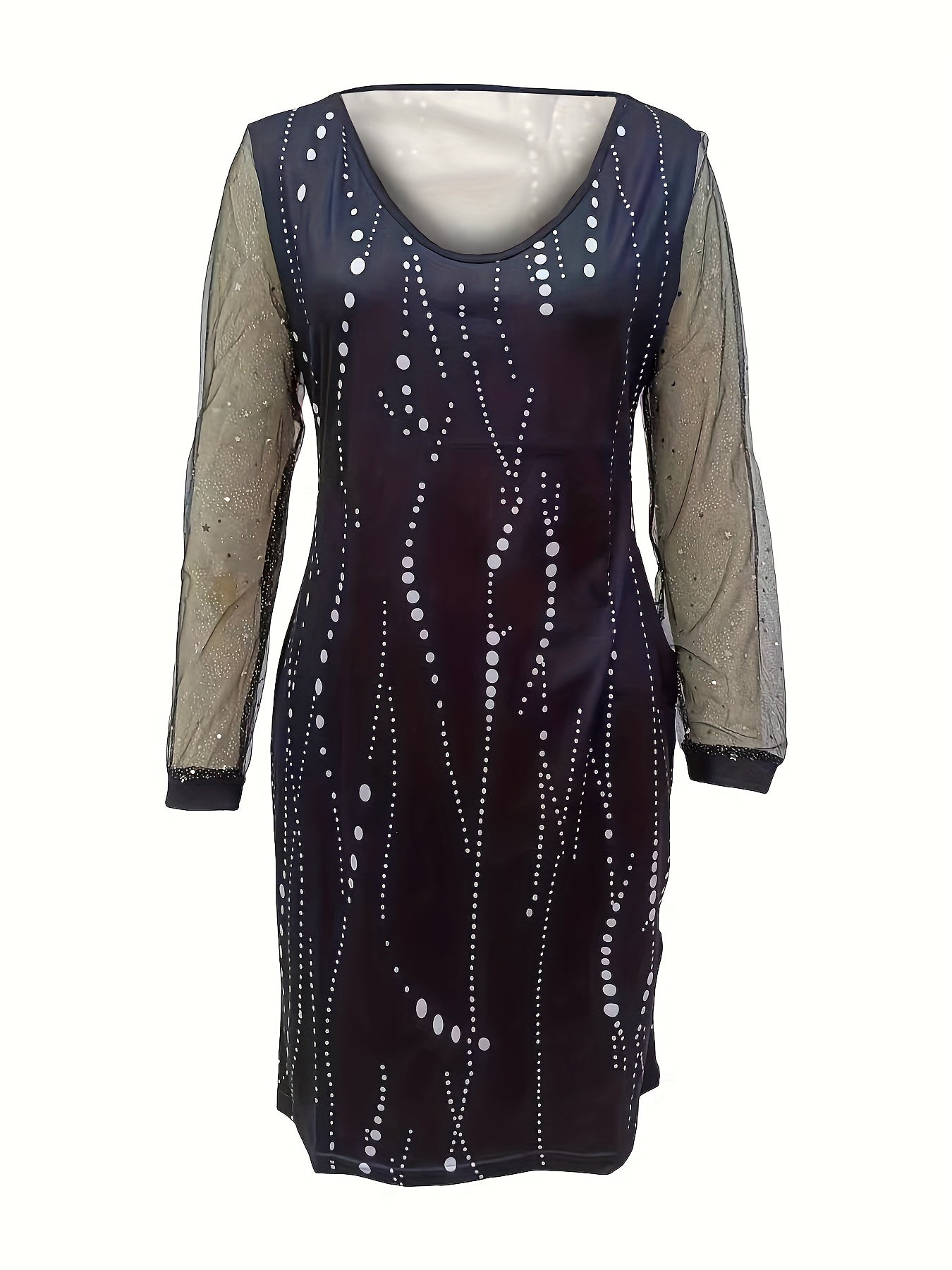  Dot Print Mesh Sleeve V-Neck Stretch Dress