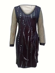  Dot Print Mesh Sleeve V-Neck Stretch Dress