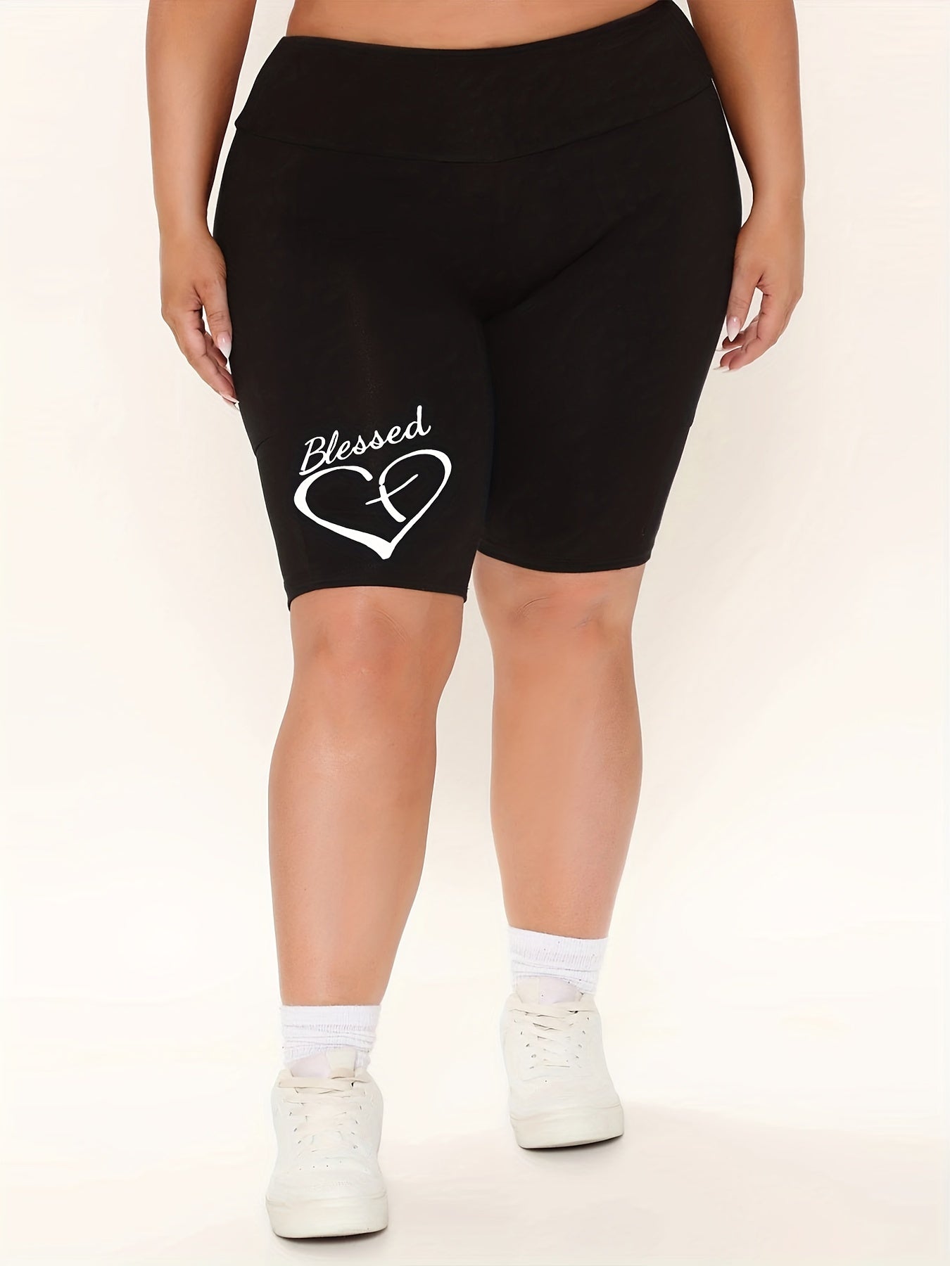 Women's Plus Cross Heart Print High Rise Stretch Biker Shorts