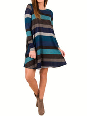  Colorblock Stripe Print Dress with Pockets