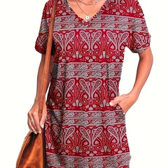  Paisley Print V Neck Tee Dress With Pockets