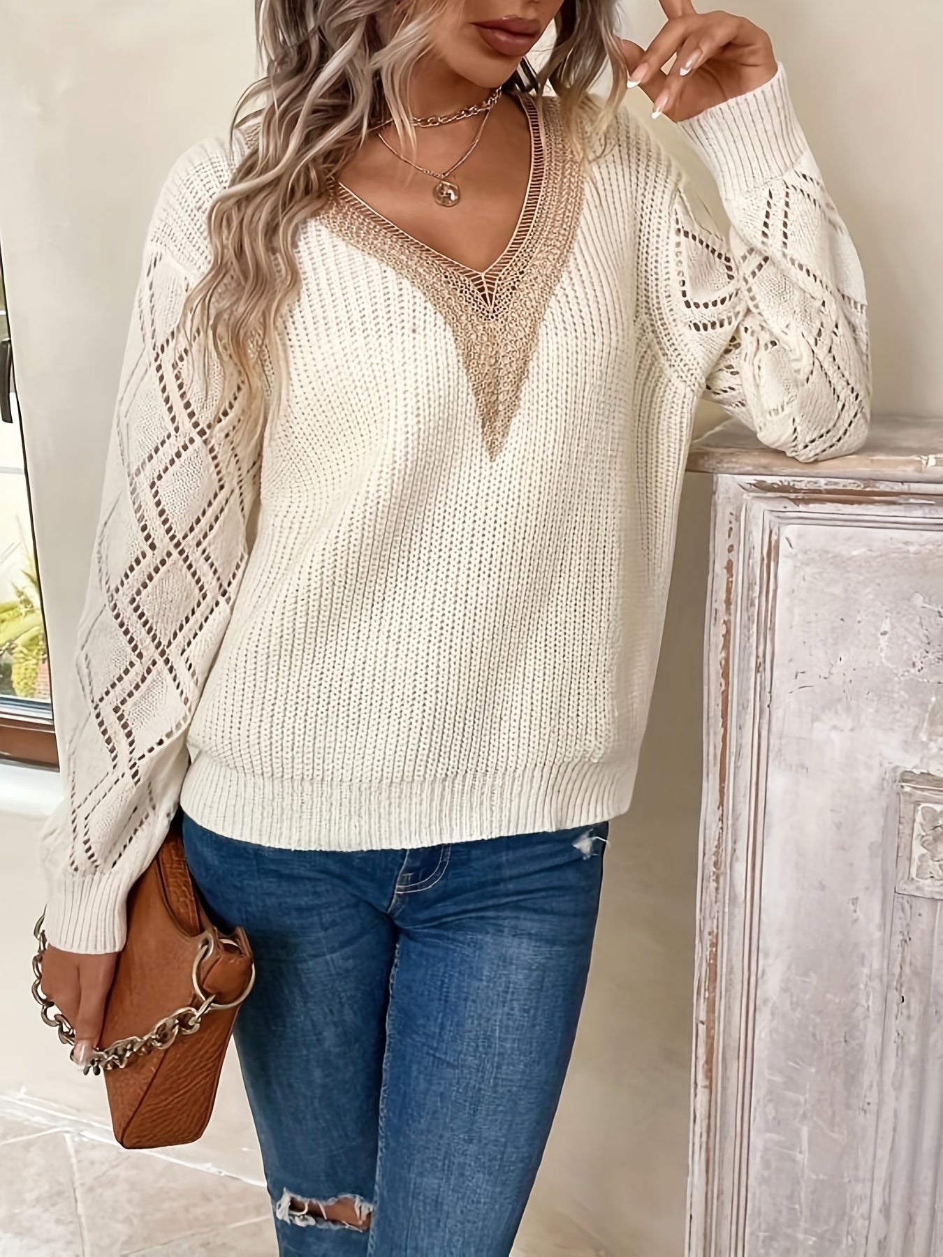  Casual Knit Top Women's Plus Solid Pointelle Applique V Neck